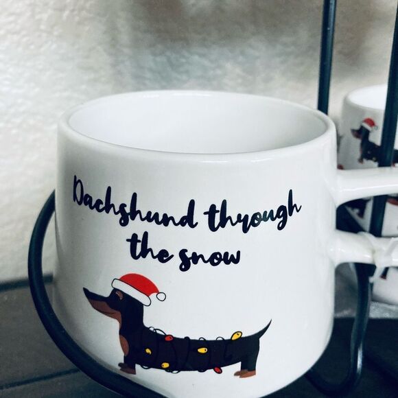 Christmas Dachshund Dog Ceramic Mugs Caddy Holiday Gift Set - Picture 5 of 5